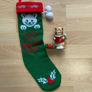 Vintage Christmas cat items- stocking and candle holder